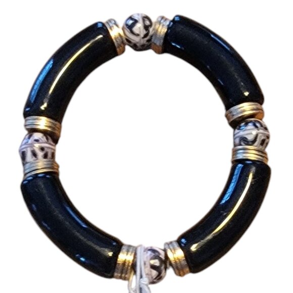 Meghan Browne Style GALA GB Black/Gold/White Chunky Stretch Resin Bead Bracelet - Picture 1 of 11